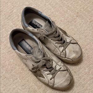 Golden Goose Men’s Leather Sneakers in Off-White and Gray